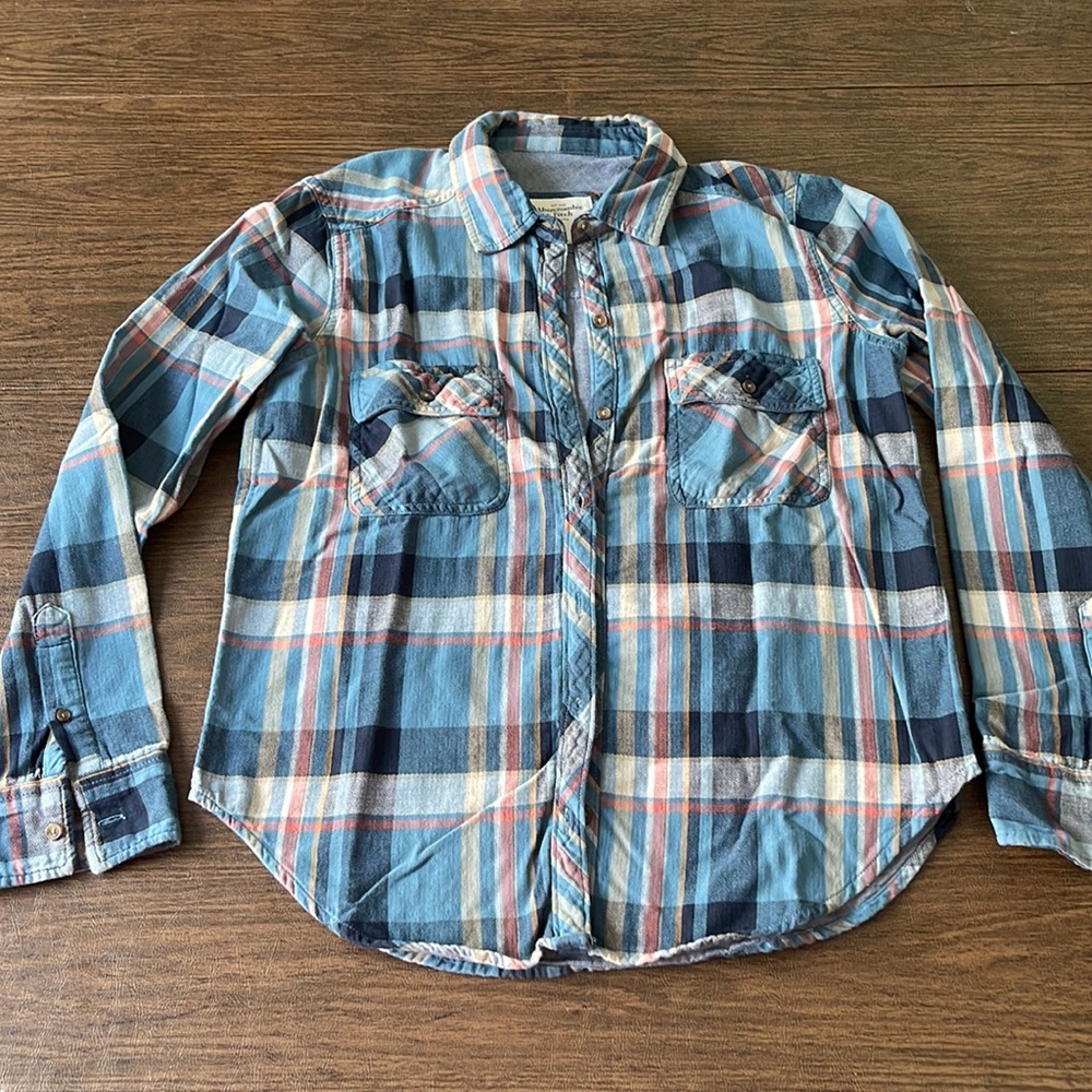 Abercrombie & Fitch Teal, Salmon, and Yellow Flannel